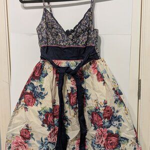 Xhilaration Dual Floral Empire Waist Sundress Navy Rose Print Tie Sash